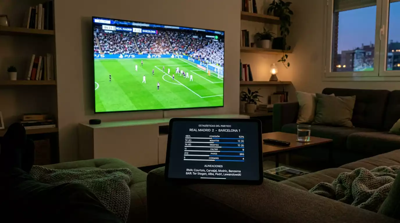 Televisor mostrando un partido de fútbol en directo con una tableta con estadísticas