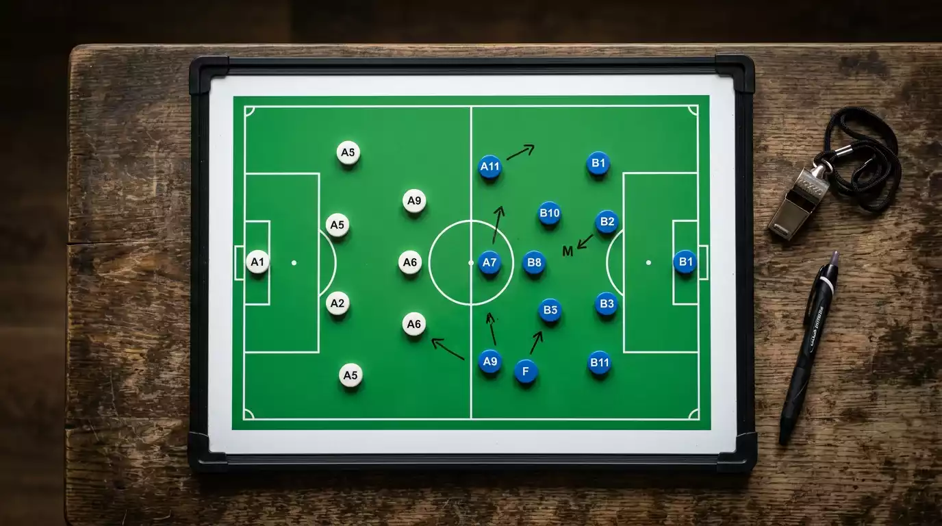 Pizarra táctica de fútbol con fichas de jugadores sobre un diagrama de campo
