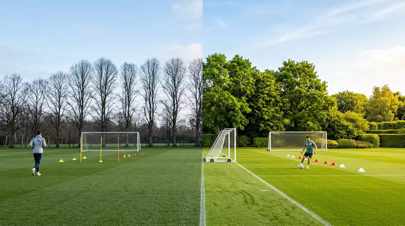 Campo de entrenamiento de fútbol visto a través de las estaciones del año