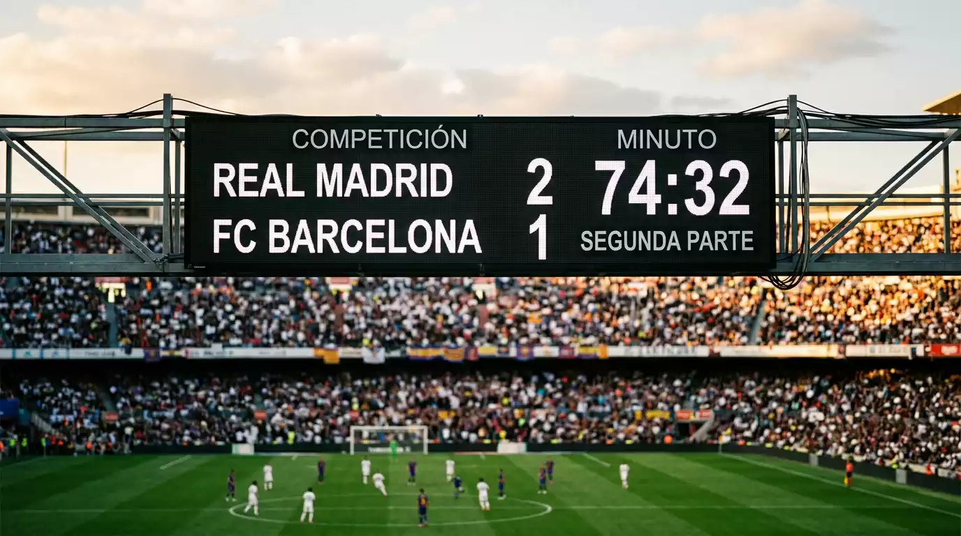 Marcador de un estadio de fútbol profesional mostrando el resultado de un partido