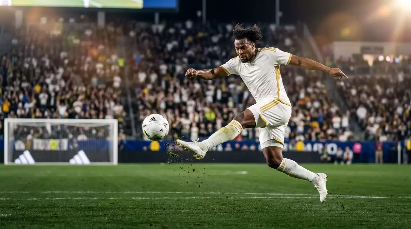 Jugador de fútbol profesional realizando un disparo a puerta en un estadio de la MLS
