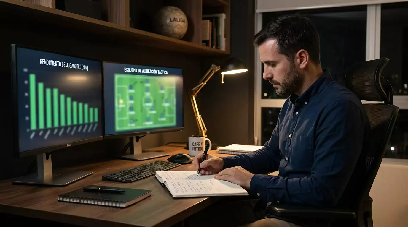 Analista revisando estadísticas de la MLS en una pantalla con gráficos de rendimiento de equipos
