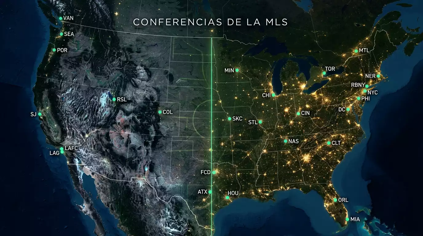 Mapa de Estados Unidos con las sedes de los equipos de la MLS divididos por conferencia Este y Oeste