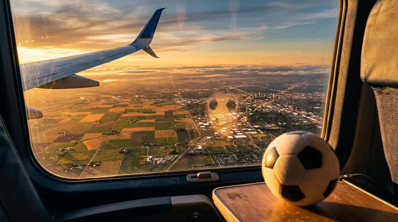 Avión comercial sobrevolando un campo de fútbol con líneas de ruta que conectan ciudades de la MLS de costa a costa