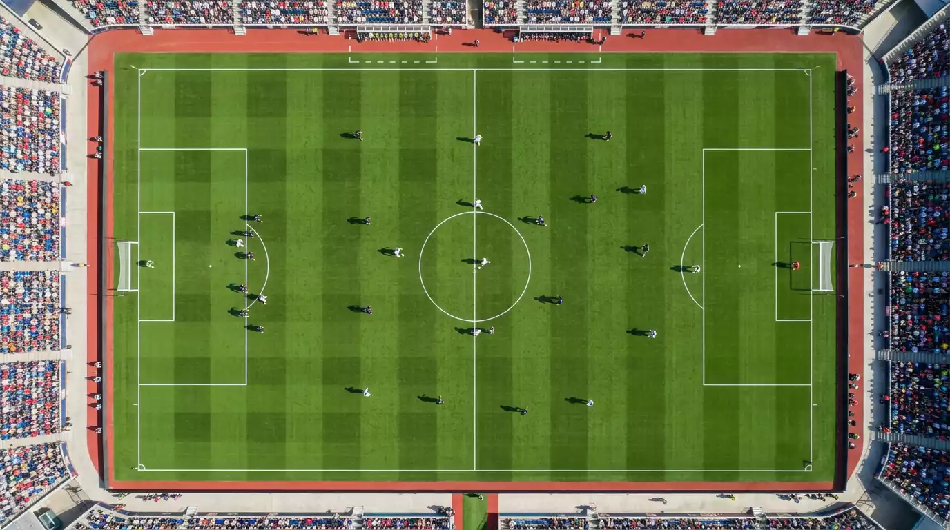 Vista aérea de un partido de fútbol de la MLS mostrando formaciones tácticas en el campo