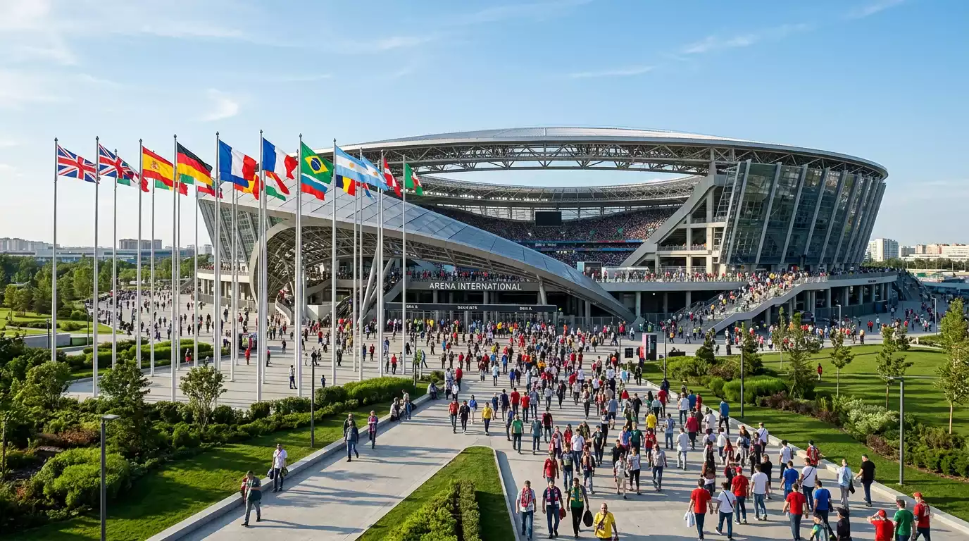 Estadio de fútbol moderno con banderas internacionales en la entrada