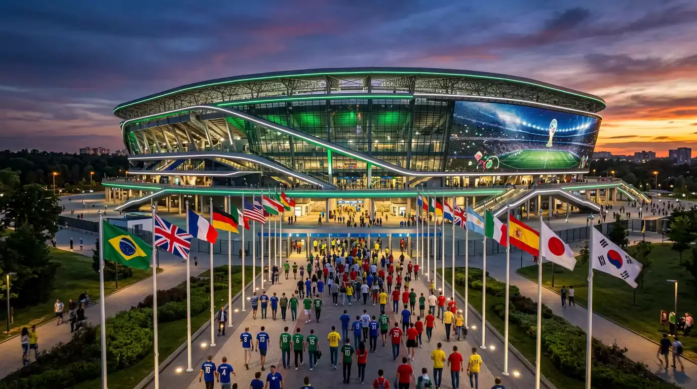 Estadio de fútbol en Estados Unidos preparado para el Mundial 2026 con banderas de los países participantes