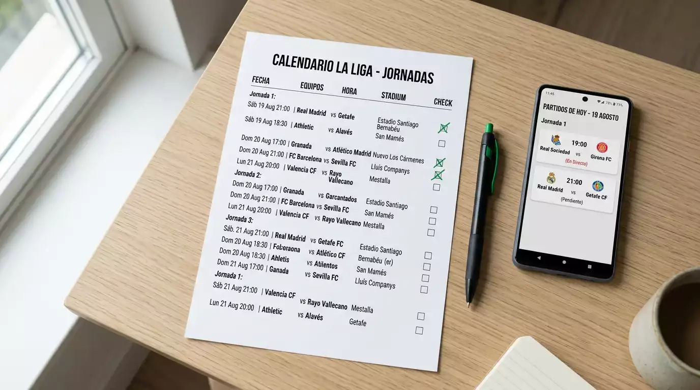 Escritorio con programa de partidos de fútbol y un bolígrafo marcando selecciones