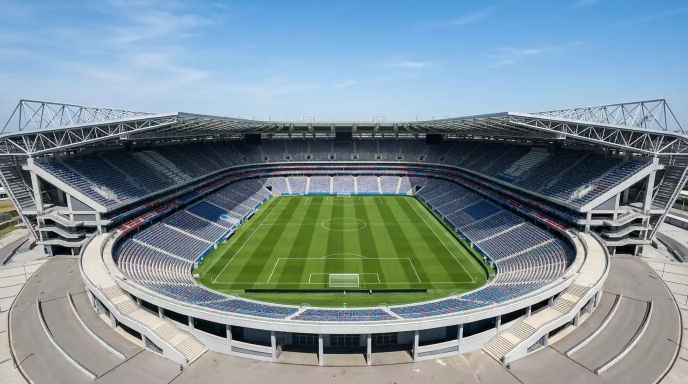 Estadio de fútbol profesional vacío visto desde un ángulo elevado